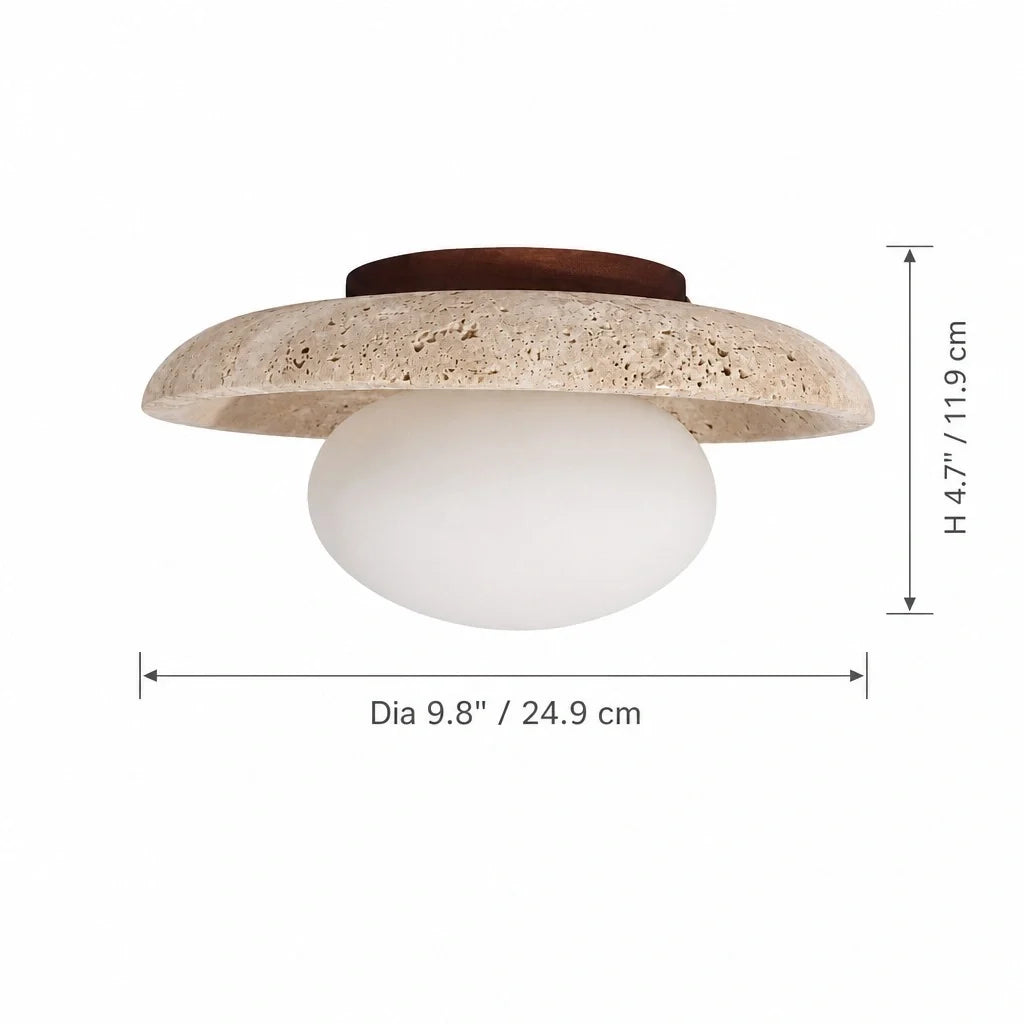 Modern Travertine and Glass Round Dome Ceiling Light, Wood Base