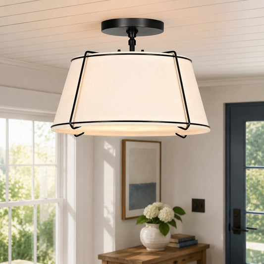 Modern Farmhouse Linen Drum Semi Flush Ceiling Light, 16 in and 24 in