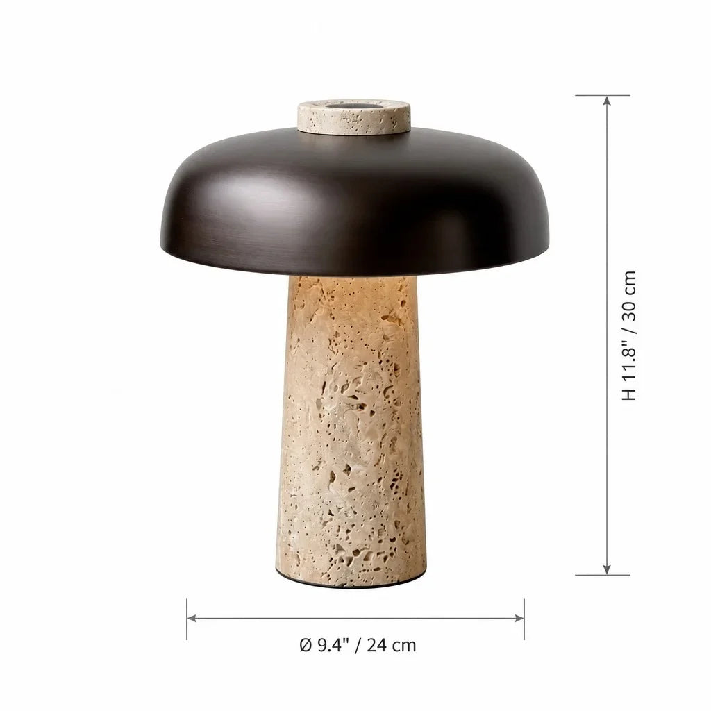 Wabi-Sabi Travertine Mushroom Table Lamp, Yellow Travertine and Metal