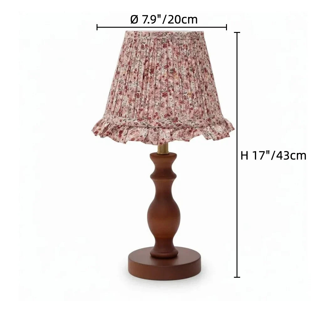 Vintage Pleated Floral Fabric Shade Table Lamp, Spindle Wood Base