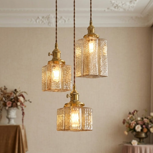 Modern Cube Hammered Glass Pendant Light, Clear Glass, Three Sizes