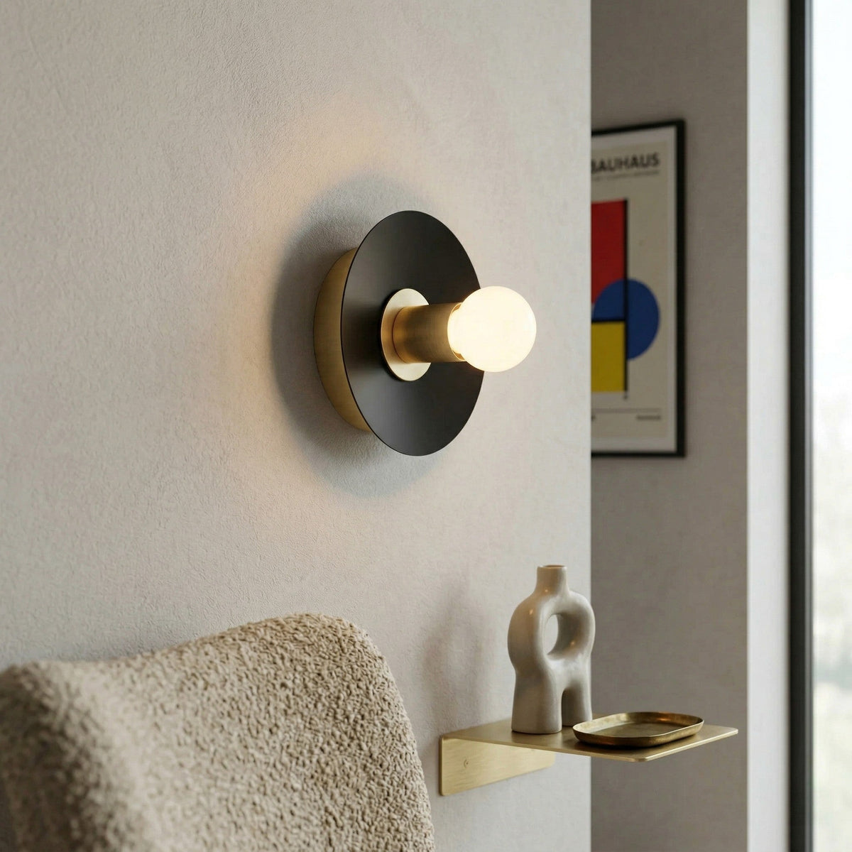 Mid-Century Modern Brass Wall Light with Opal Milk Glass Globe
