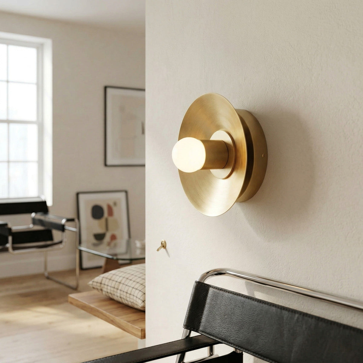 Mid-Century Modern Brass Wall Light with Opal Milk Glass Globe