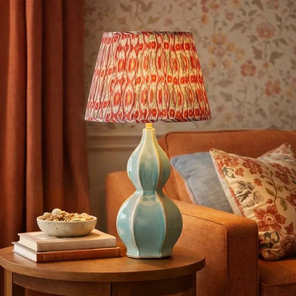 Vintage Ceramic Gourd Base Table Lamp, Celadon Finish, Fabric Shade