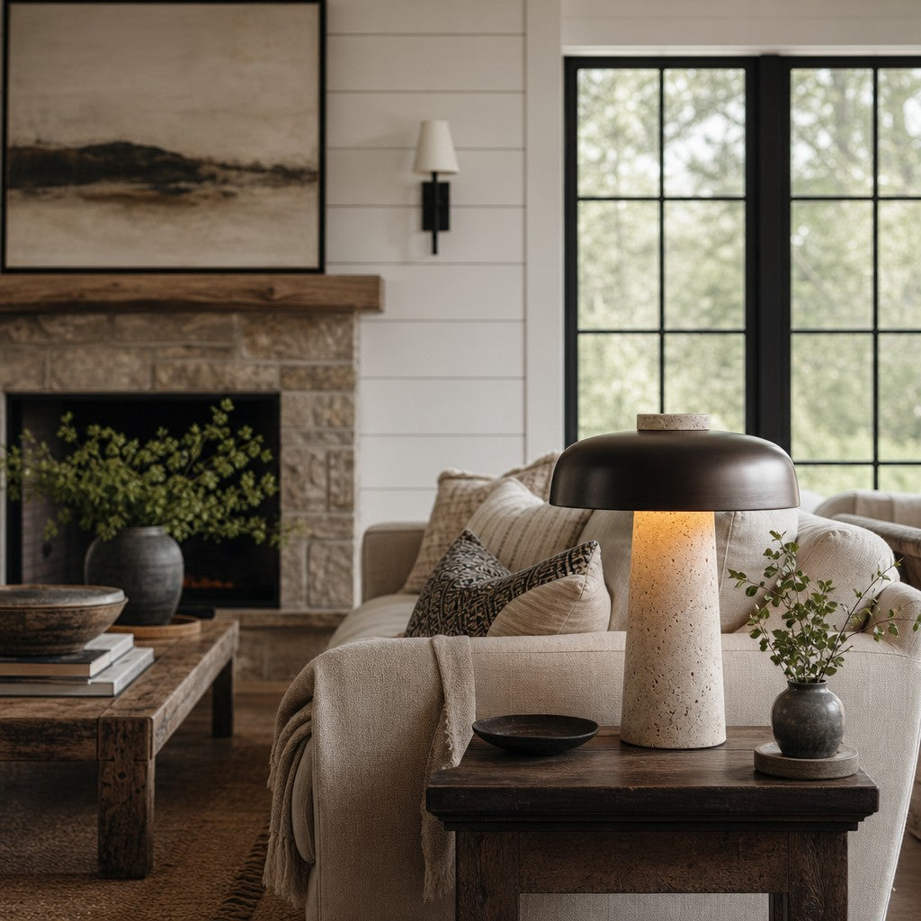 Wabi-Sabi Travertine Mushroom Table Lamp, Yellow Travertine and Metal