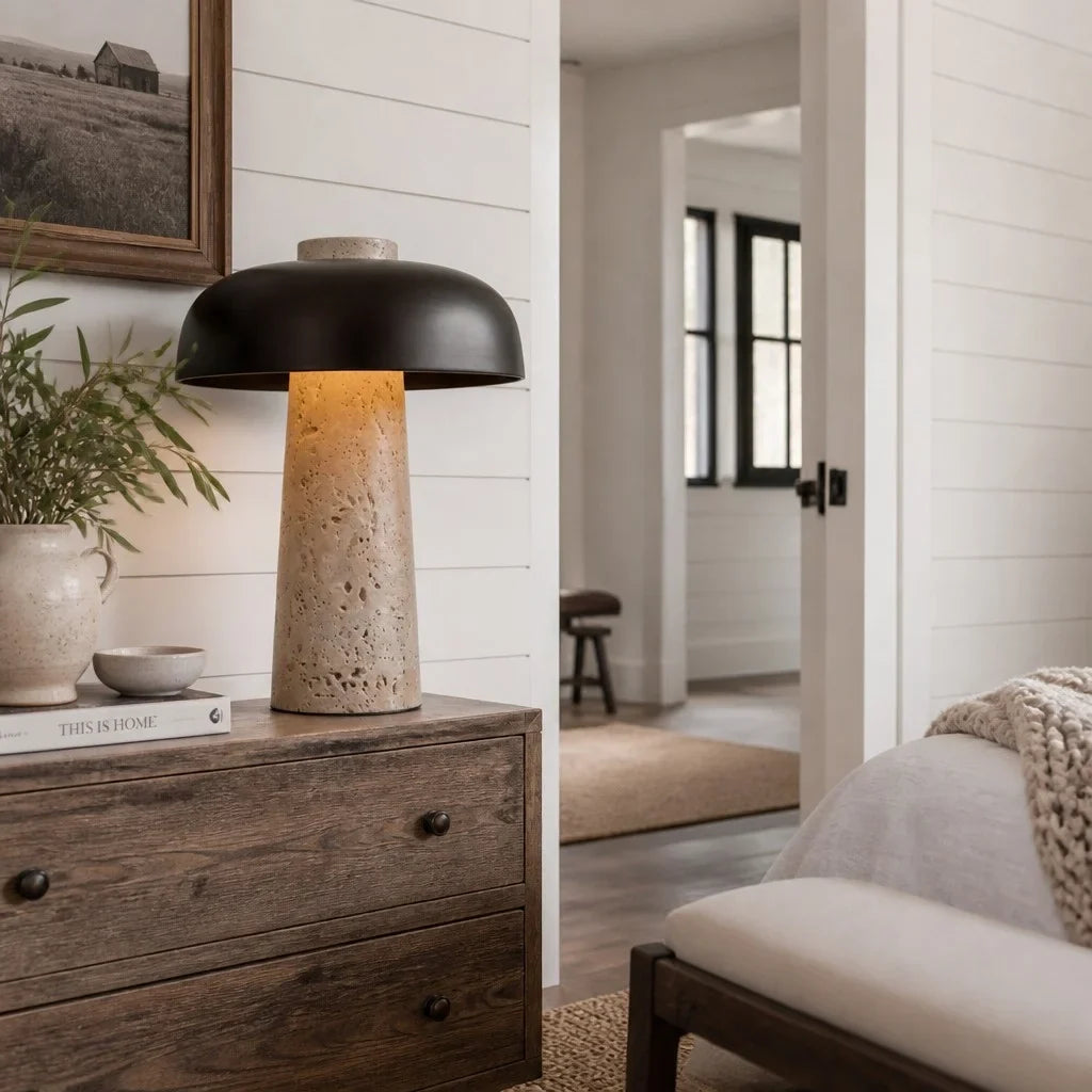 Wabi-Sabi Travertine Mushroom Table Lamp, Yellow Travertine and Metal