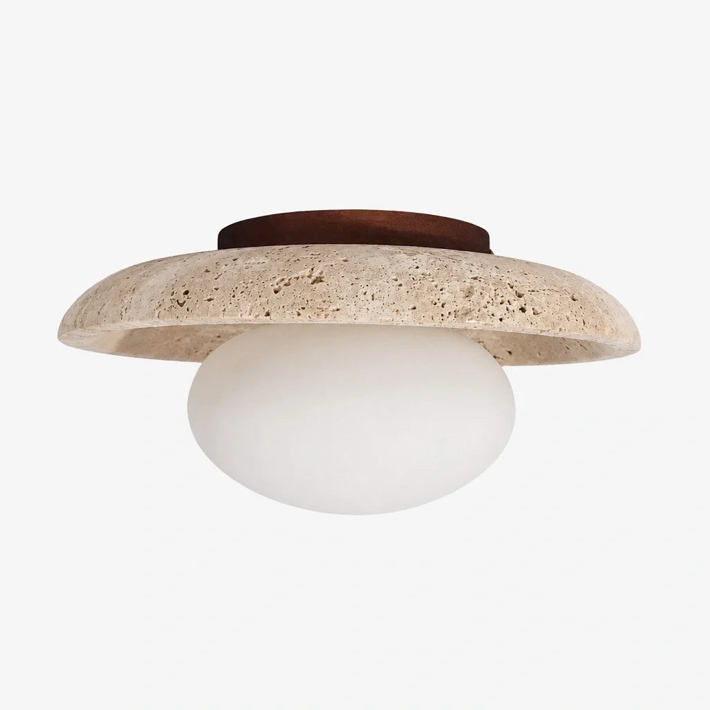 Modern Travertine and Glass Round Dome Ceiling Light, Wood Base