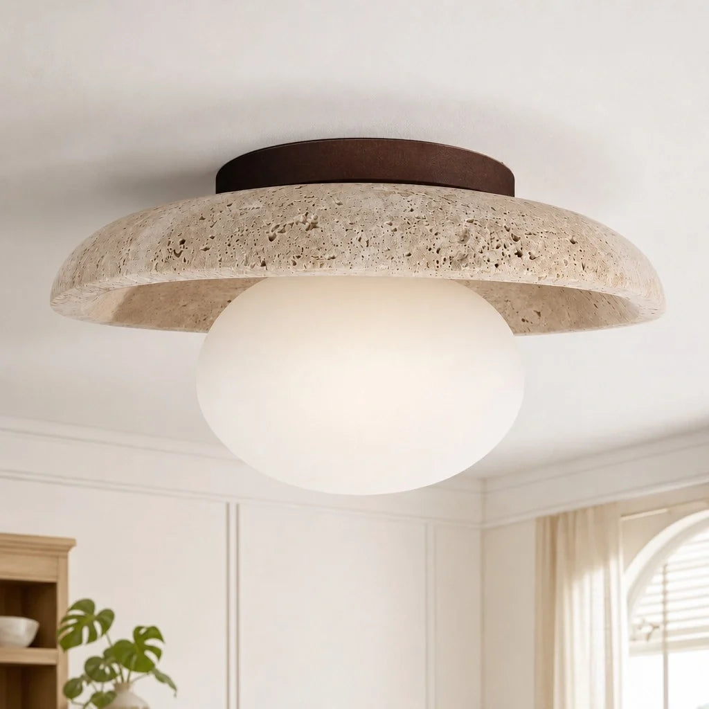 Modern Travertine and Glass Round Dome Ceiling Light, Wood Base