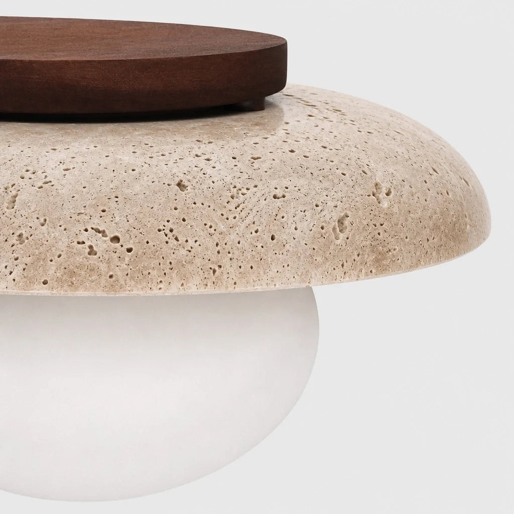 Modern Travertine and Glass Round Dome Ceiling Light, Wood Base