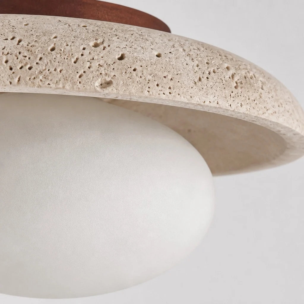 Modern Travertine and Glass Round Dome Ceiling Light, Wood Base