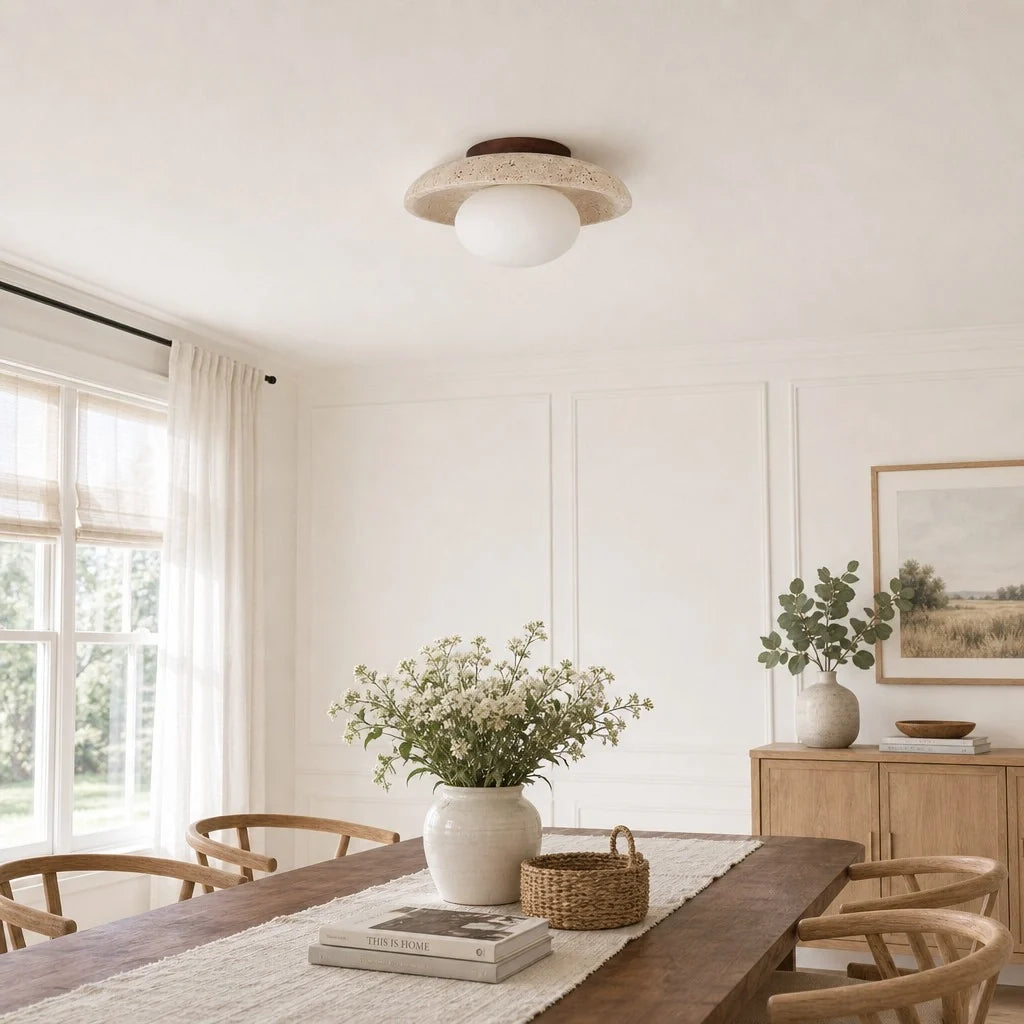 Modern Travertine and Glass Round Dome Ceiling Light, Wood Base