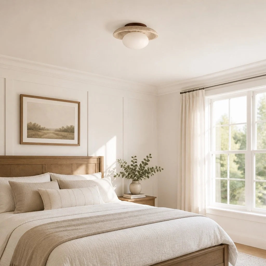 Modern Travertine and Glass Round Dome Ceiling Light, Wood Base