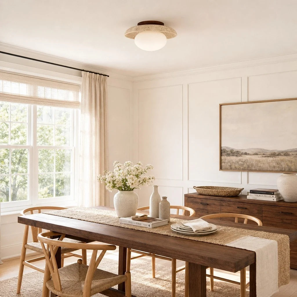 Modern Travertine and Glass Round Dome Ceiling Light, Wood Base