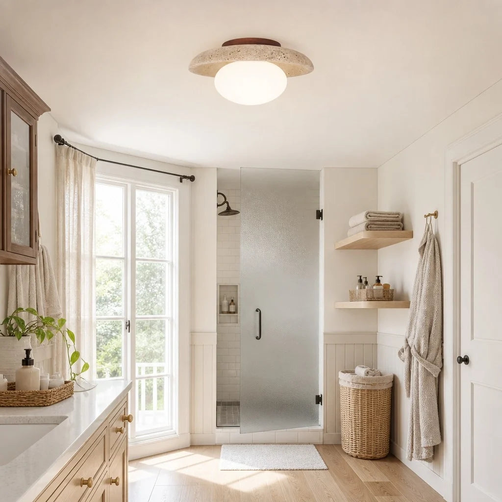 Modern Travertine and Glass Round Dome Ceiling Light, Wood Base
