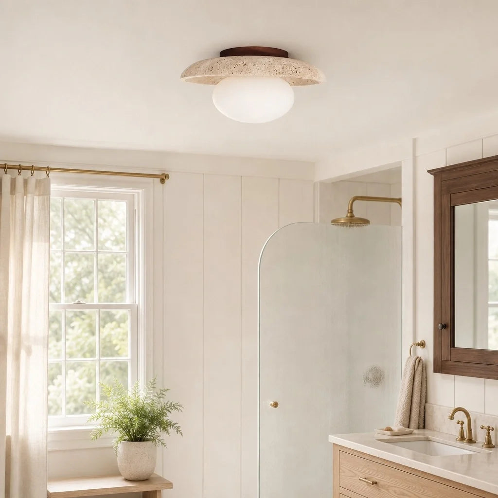 Modern Travertine and Glass Round Dome Ceiling Light, Wood Base