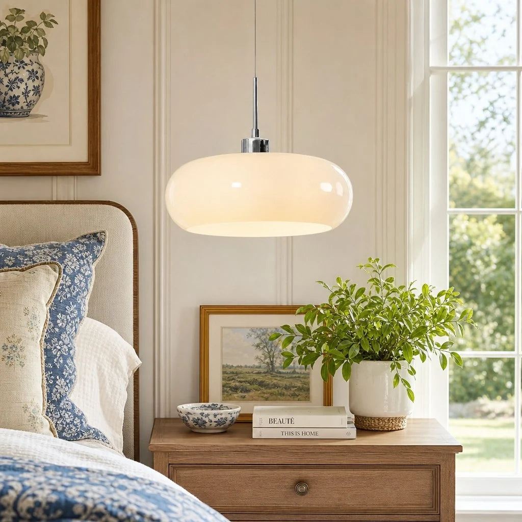 Nordic Bauhaus Glass Pendant Light, Milk Glass Shade, Adjustable Cord
