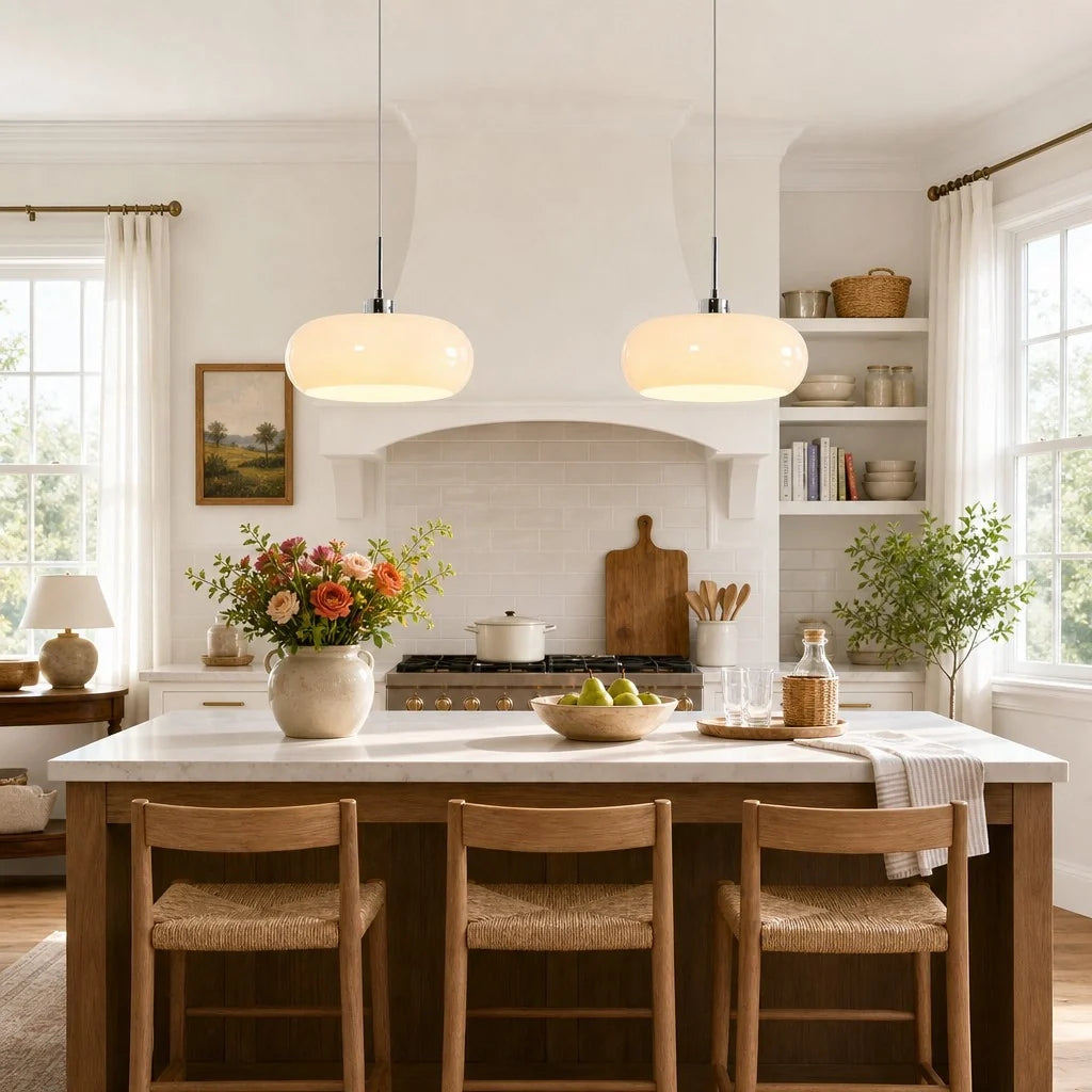 Nordic Bauhaus Glass Pendant Light, Milk Glass Shade, Adjustable Cord