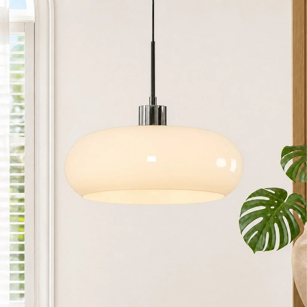 Nordic Bauhaus Glass Pendant Light, Milk Glass Shade, Adjustable Cord