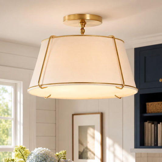Modern Farmhouse Linen Drum Semi Flush Ceiling Light, 16 in and 24 in
