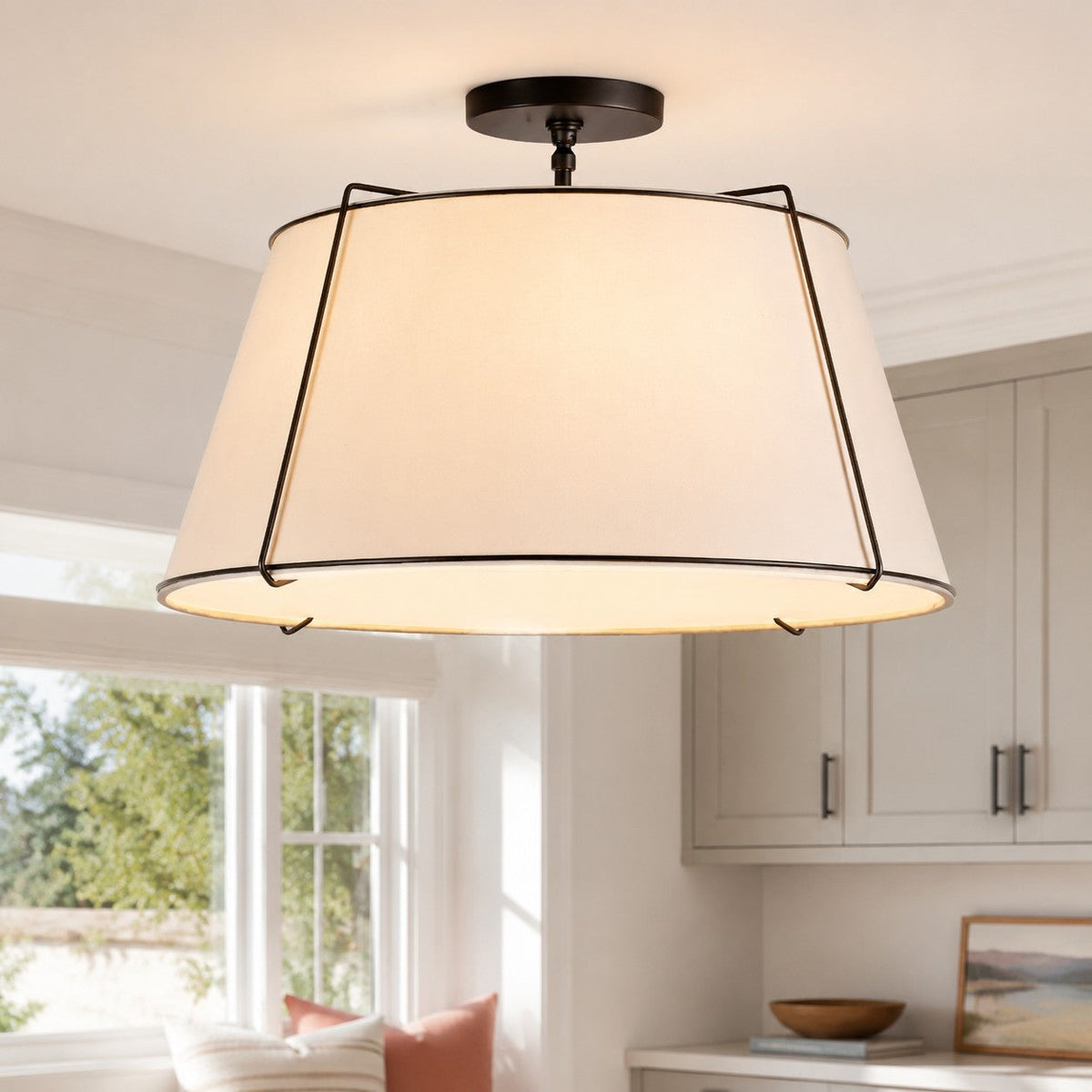 Modern Farmhouse Linen Drum Semi Flush Ceiling Light, 16 in and 24 in