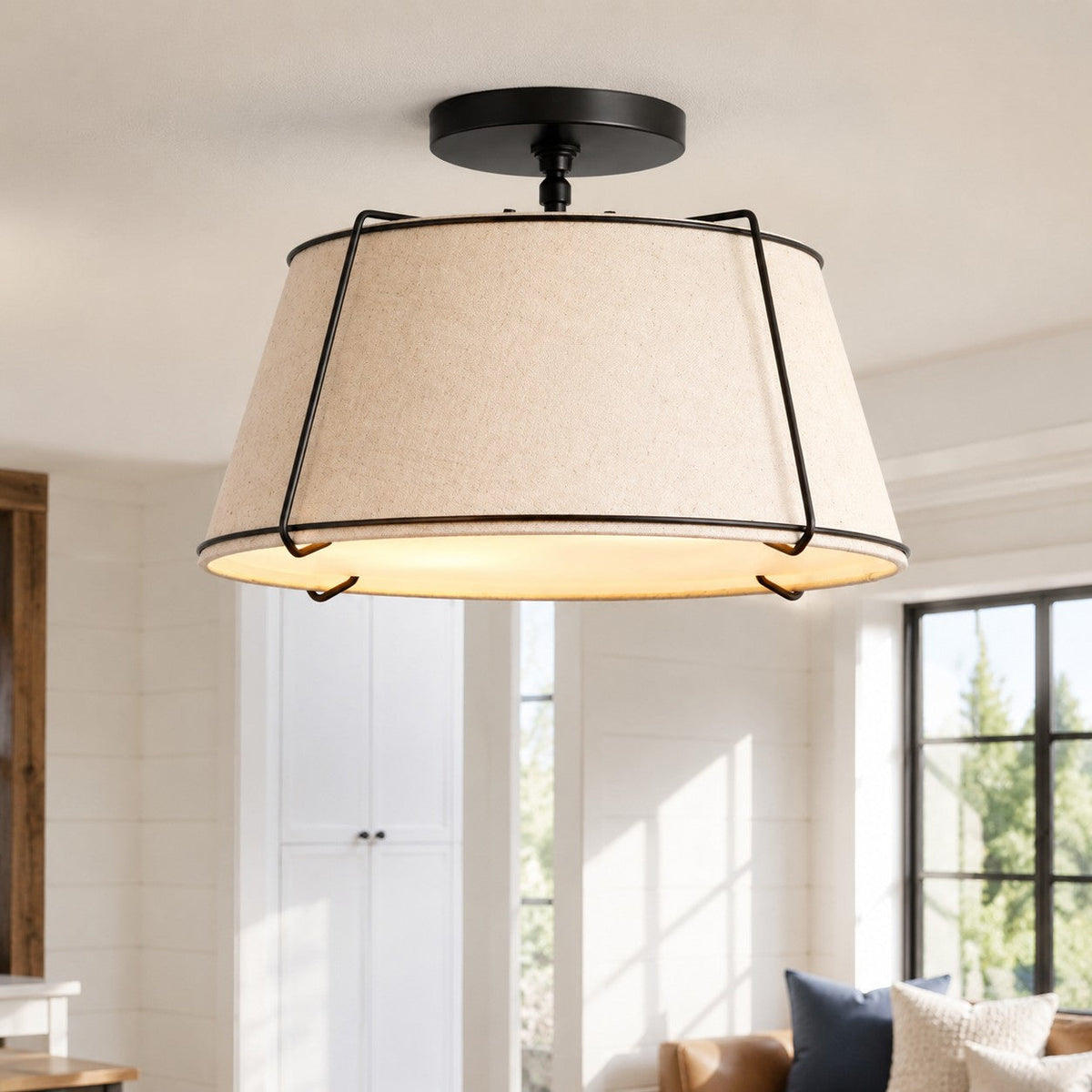 Modern Farmhouse Linen Drum Semi Flush Ceiling Light, 16 in and 24 in