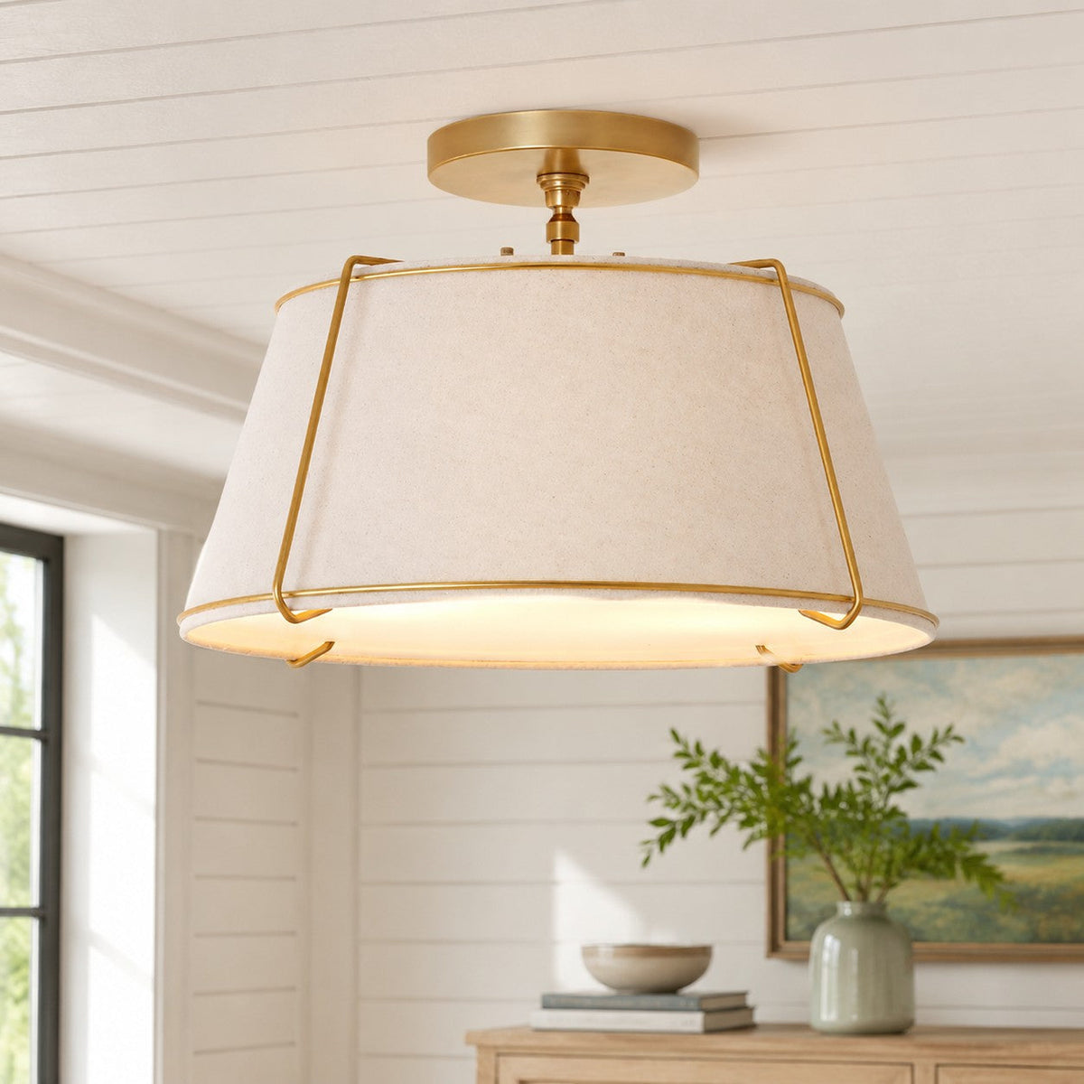 Modern Farmhouse Linen Drum Semi Flush Ceiling Light, 16 in and 24 in