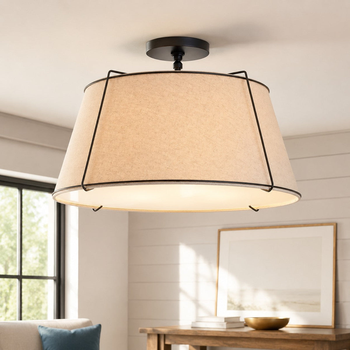 Modern Farmhouse Linen Drum Semi Flush Ceiling Light, 16 in and 24 in