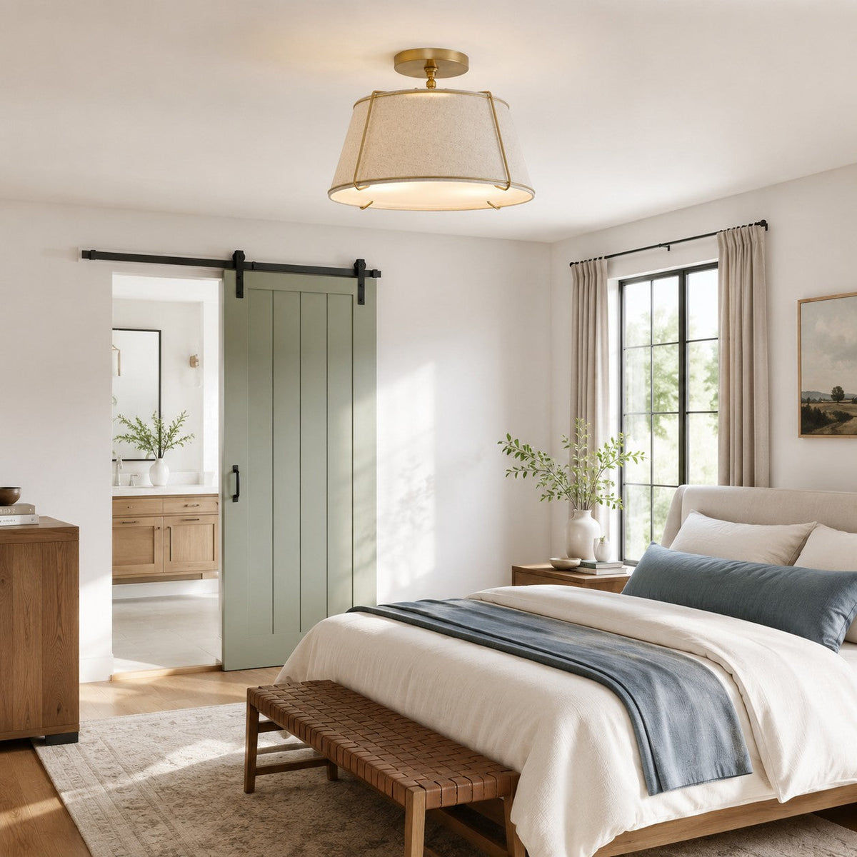 Modern Farmhouse Linen Drum Semi Flush Ceiling Light, 16 in and 24 in