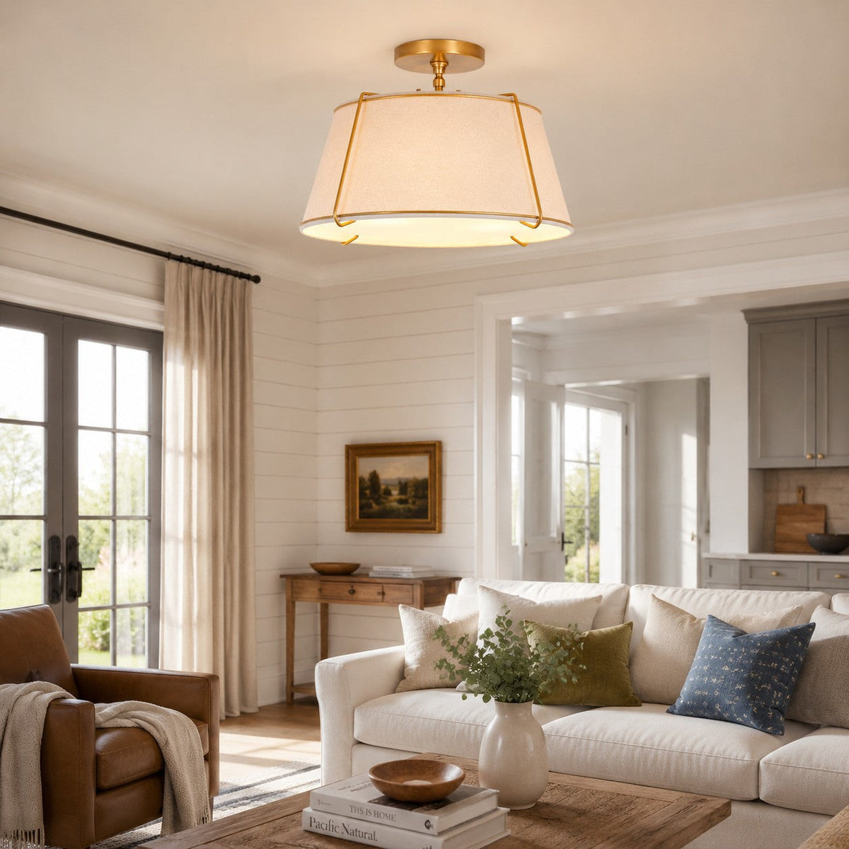 Modern Farmhouse Linen Drum Semi Flush Ceiling Light, 16 in and 24 in