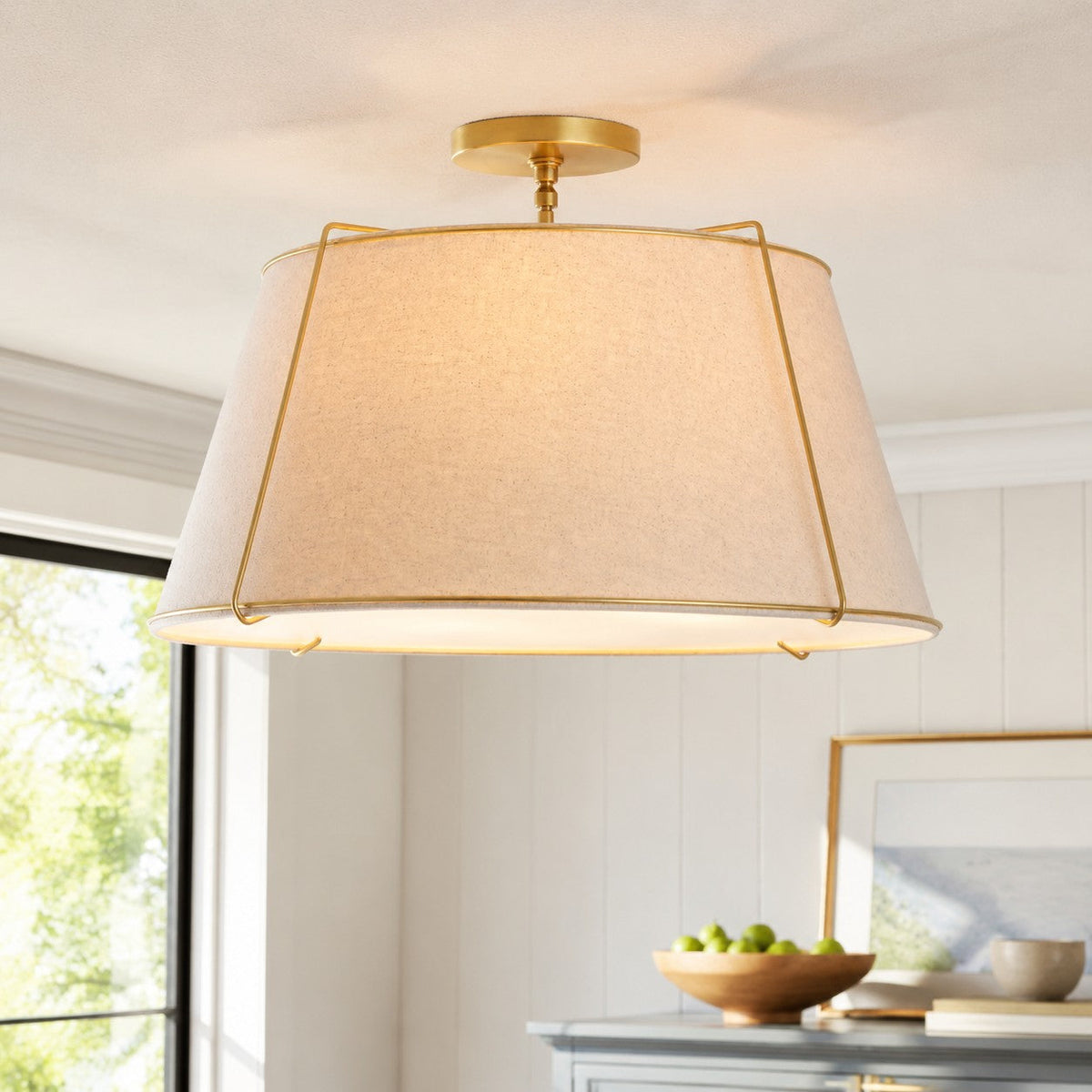 Modern Farmhouse Linen Drum Semi Flush Ceiling Light, 16 in and 24 in