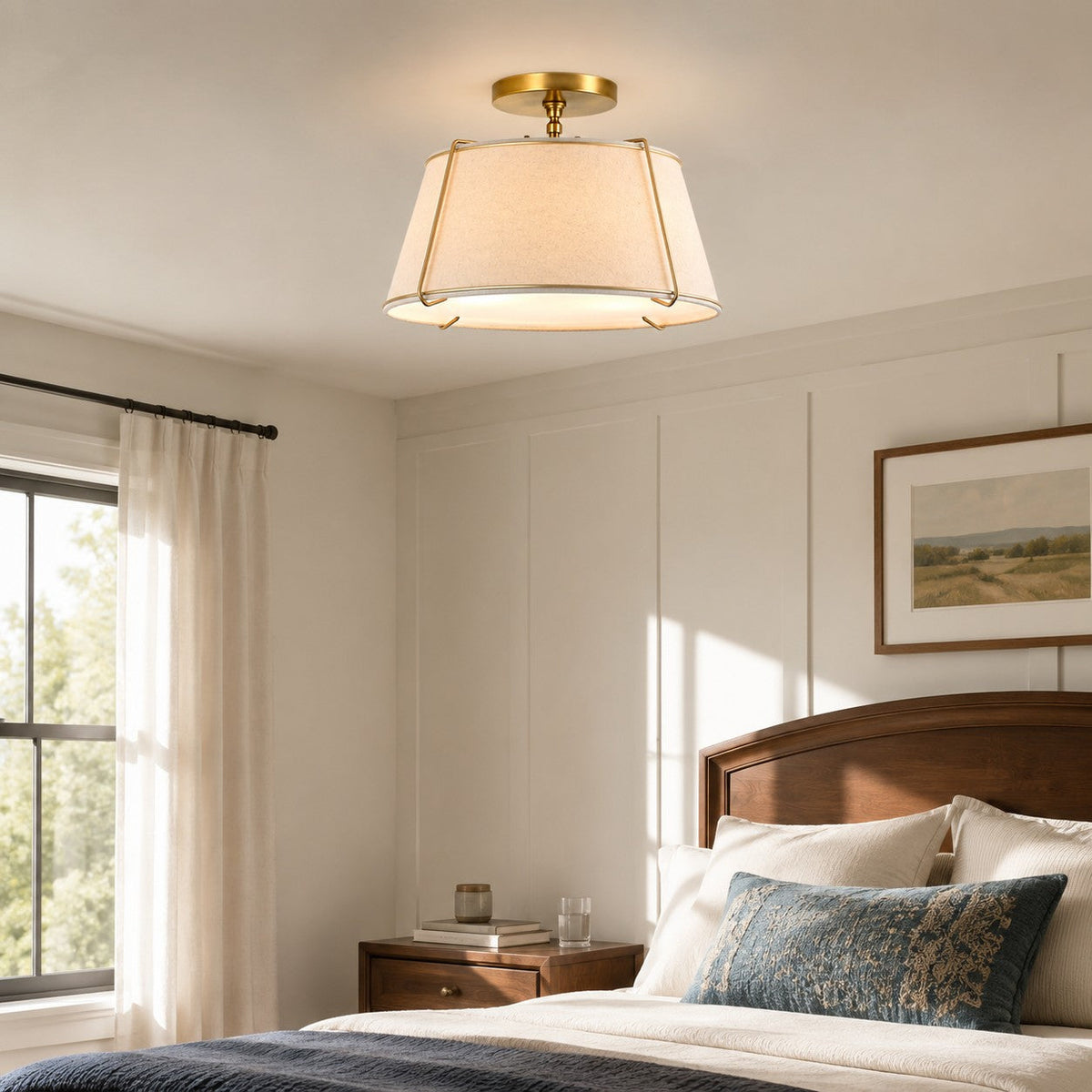 Modern Farmhouse Linen Drum Semi Flush Ceiling Light, 16 in and 24 in
