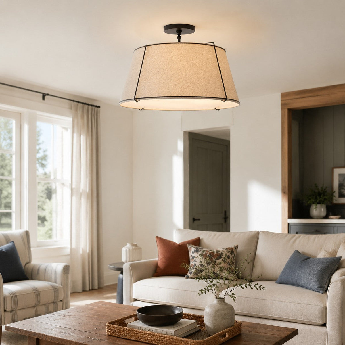 Modern Farmhouse Linen Drum Semi Flush Ceiling Light, 16 in and 24 in