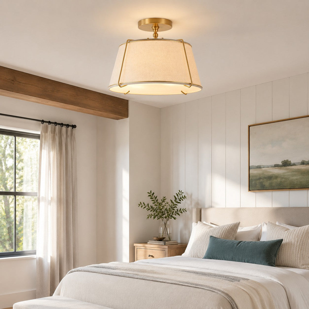 Modern Farmhouse Linen Drum Semi Flush Ceiling Light, 16 in and 24 in