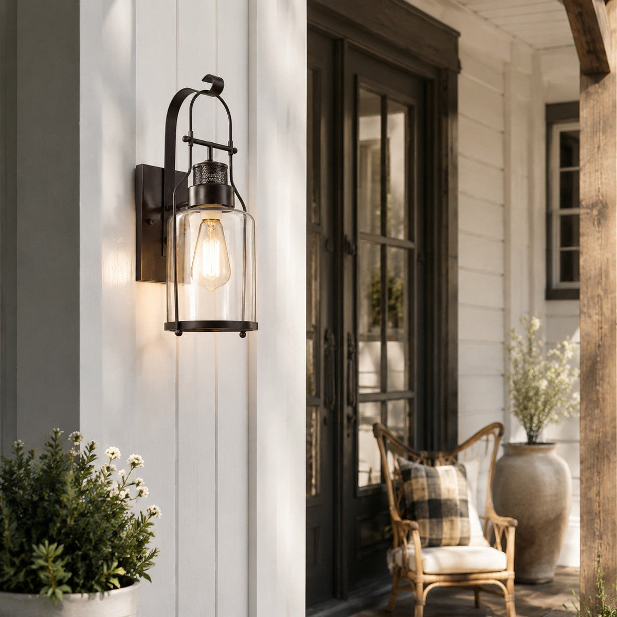 Industrial Metal and Glass Jar Wall Sconce, Black or Rust Finish