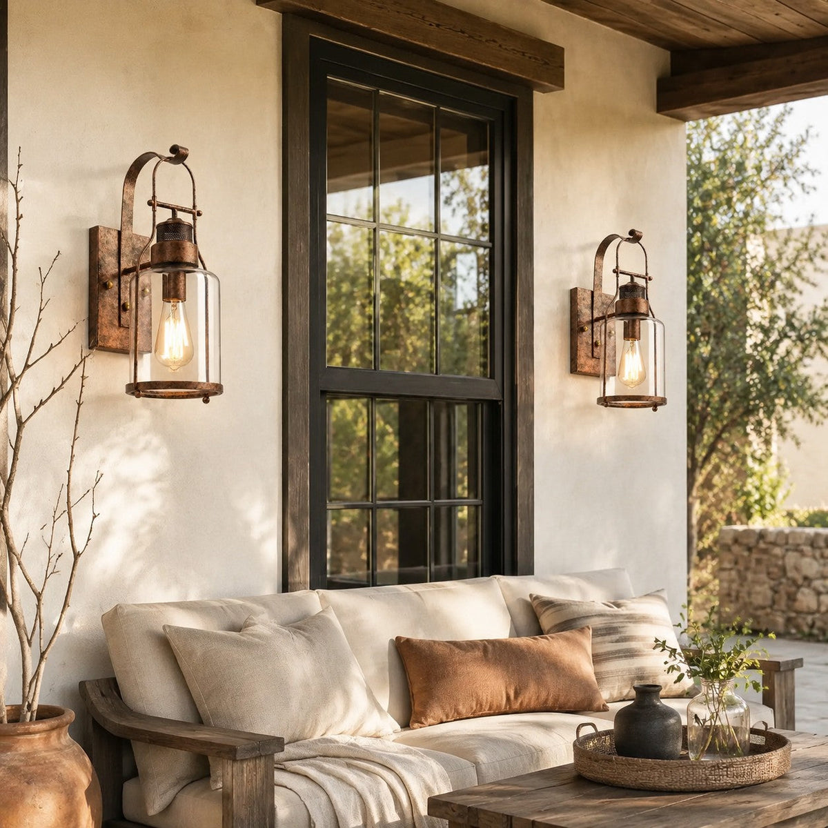 Industrial Metal and Glass Jar Wall Sconce, Black or Rust Finish