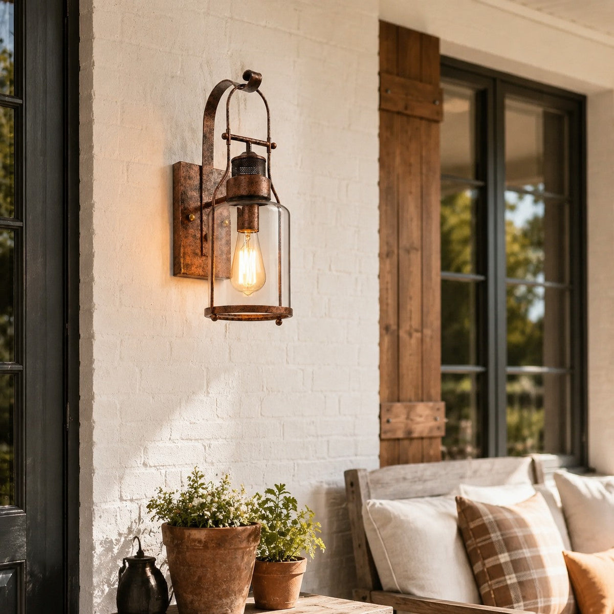 Industrial Metal and Glass Jar Wall Sconce, Black or Rust Finish