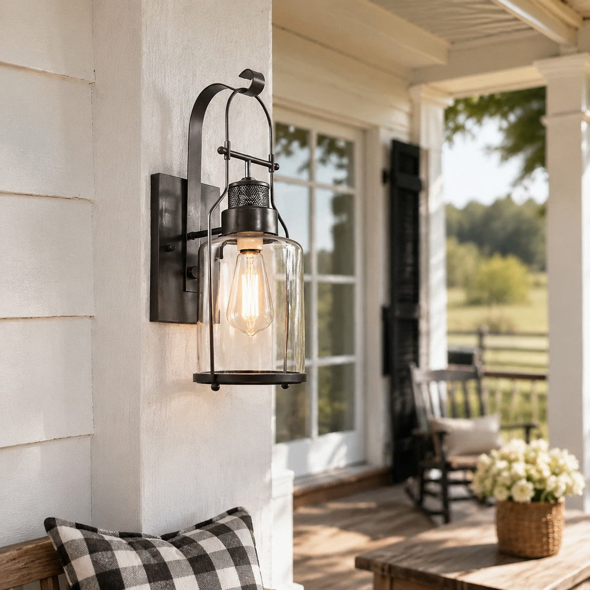 Industrial Metal and Glass Jar Wall Sconce, Black or Rust Finish