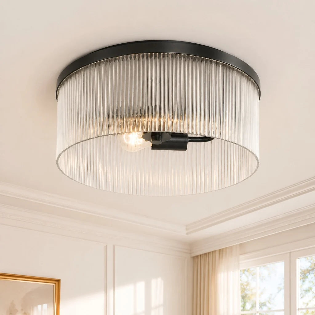 Rustic Farmhouse Ribbed Glass Flush Mount Ceiling Light, 14 in