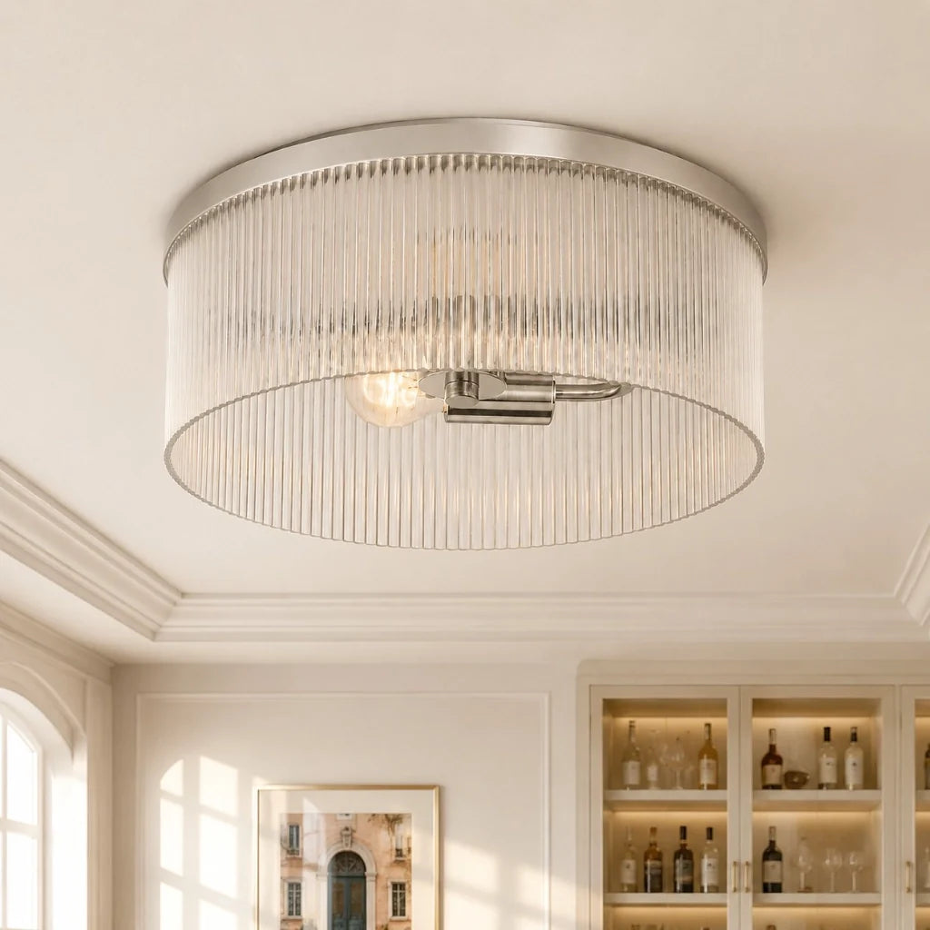 Rustic Farmhouse Ribbed Glass Flush Mount Ceiling Light, 14 in