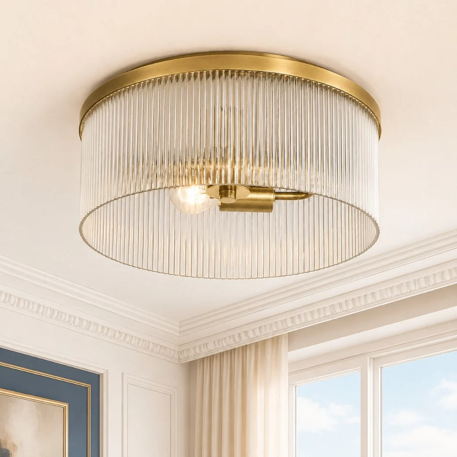 Rustic Farmhouse Ribbed Glass Flush Mount Ceiling Light, 14 in