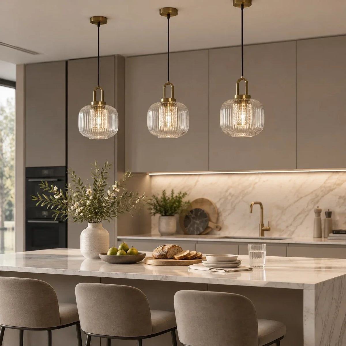 Modern Industrial Ribbed Glass Cylinder Pendant Light, Three Sizes