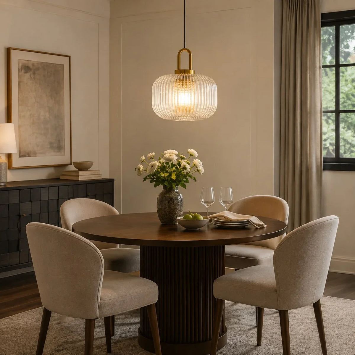 Modern Industrial Ribbed Glass Cylinder Pendant Light, Three Sizes