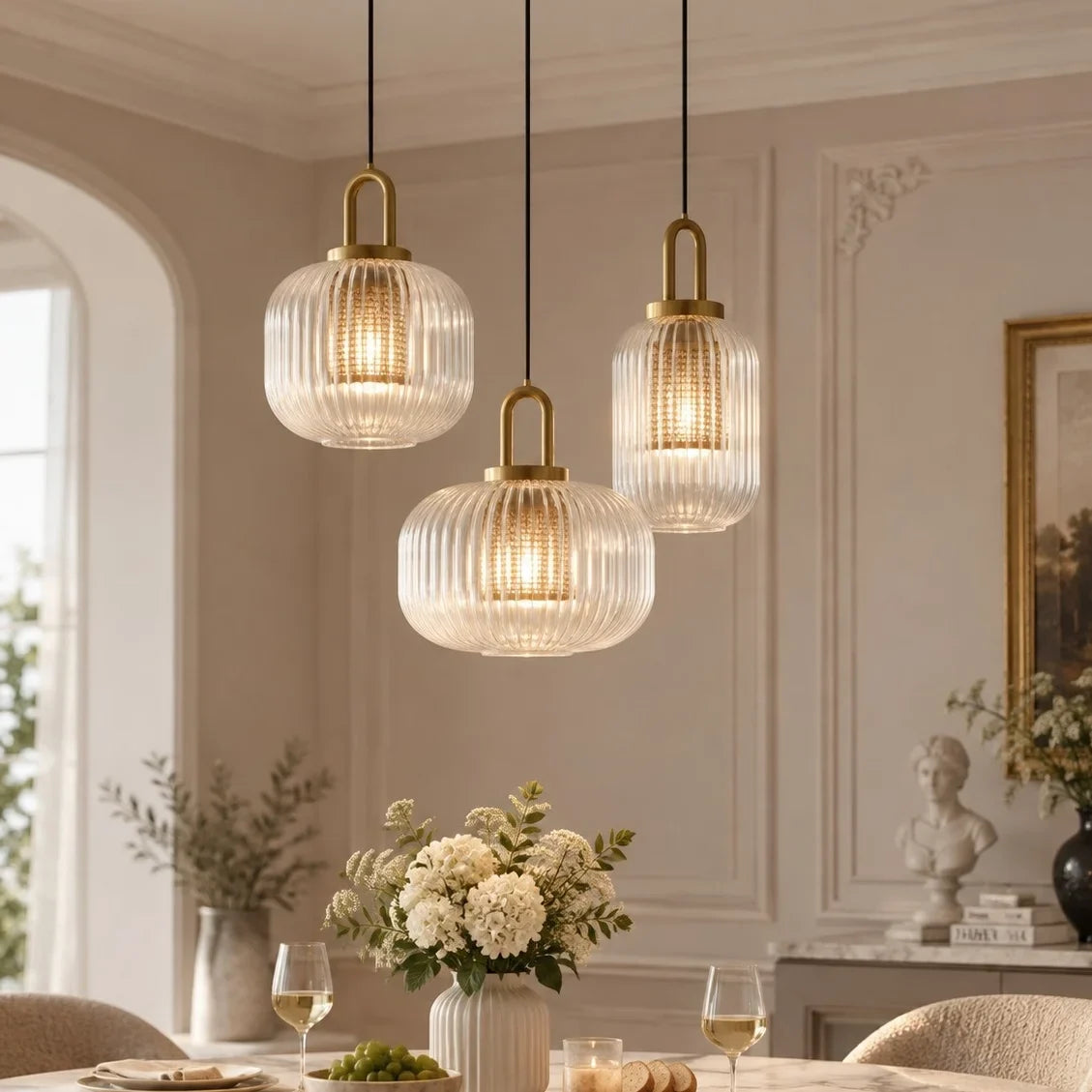 Modern Industrial Ribbed Glass Cylinder Pendant Light, Three Sizes