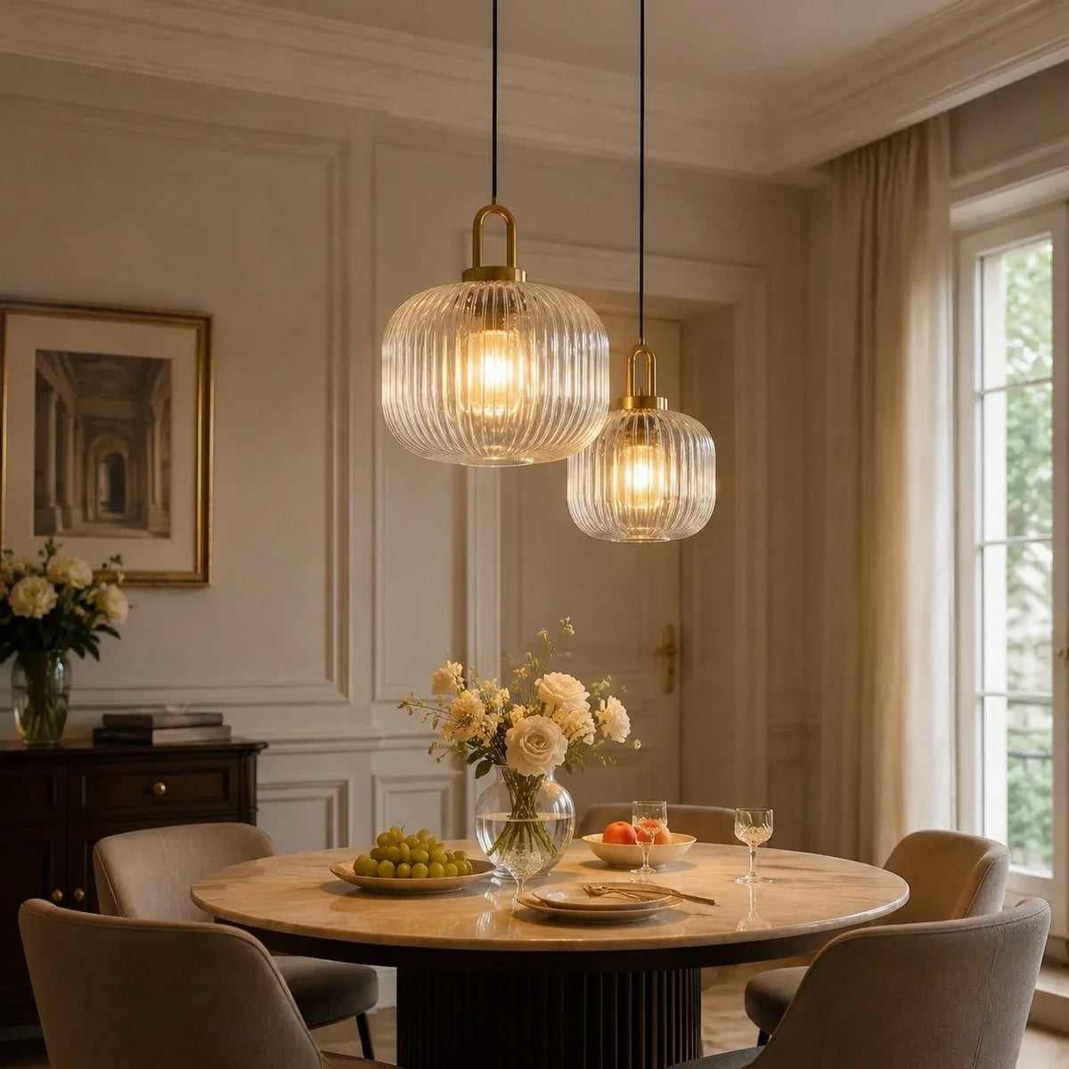 Modern Industrial Ribbed Glass Cylinder Pendant Light, Three Sizes