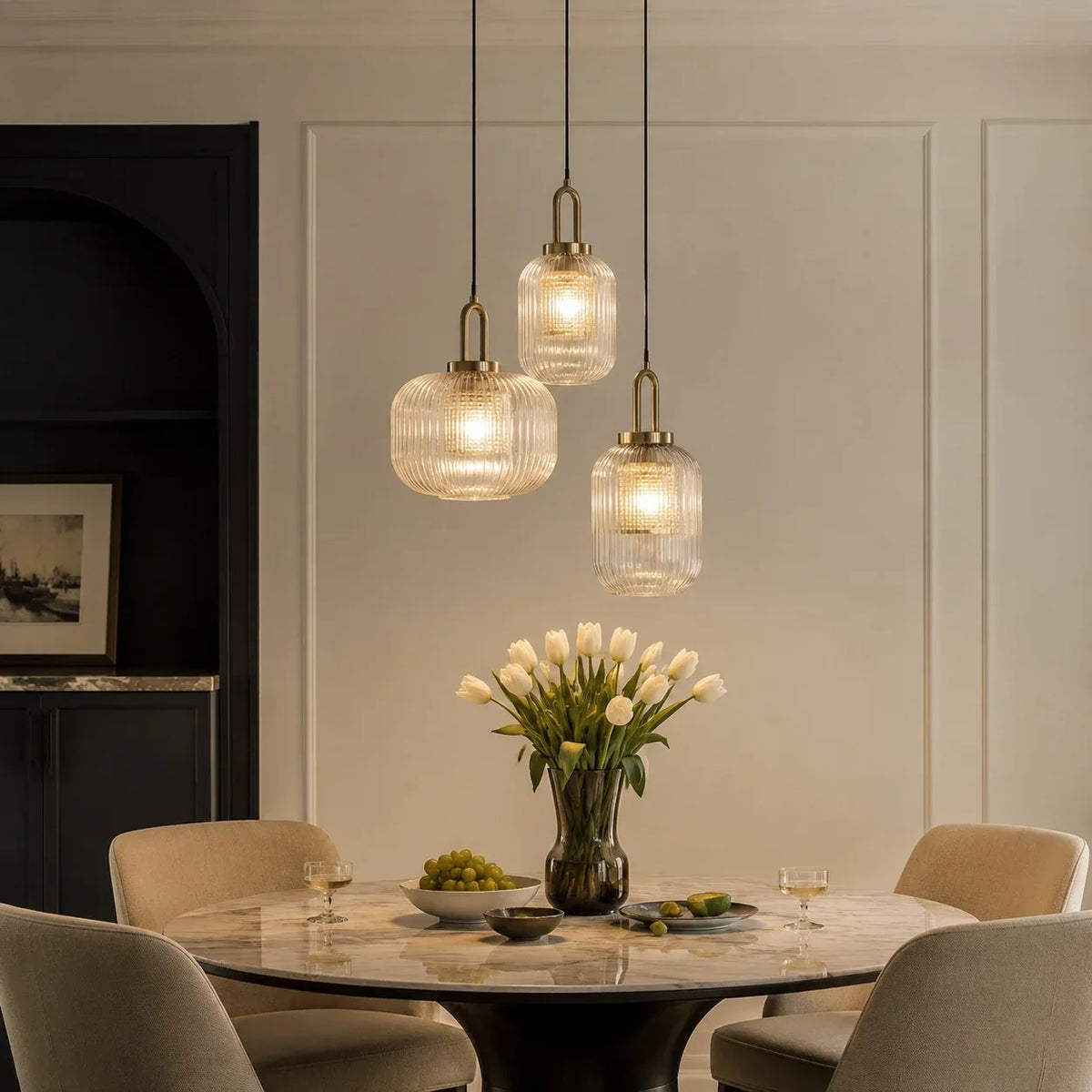 Modern Industrial Ribbed Glass Cylinder Pendant Light, Three Sizes