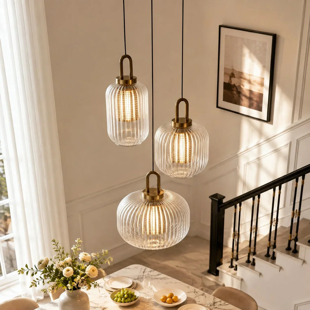 Modern Industrial Ribbed Glass Cylinder Pendant Light, Three Sizes