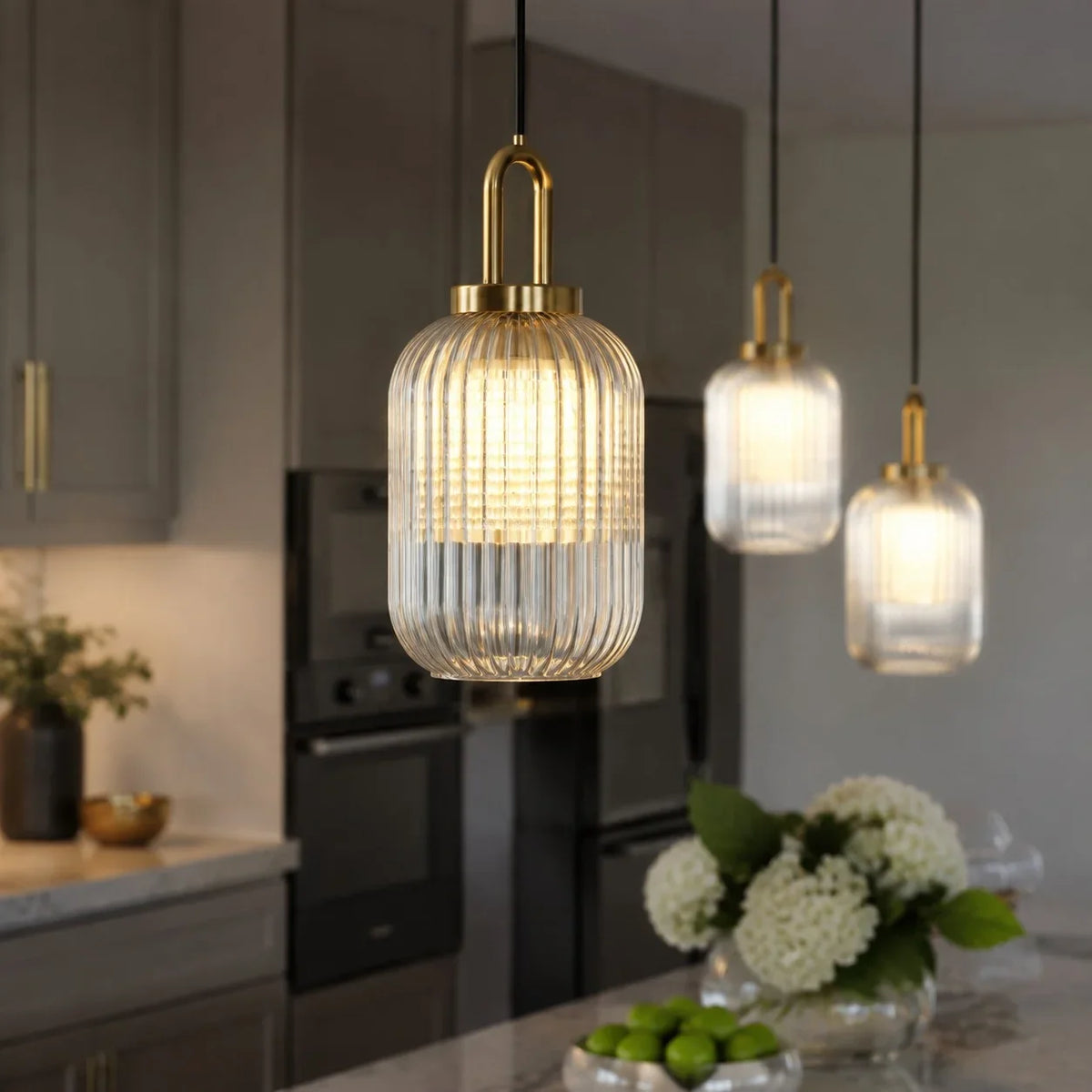 Modern Industrial Ribbed Glass Cylinder Pendant Light, Three Sizes