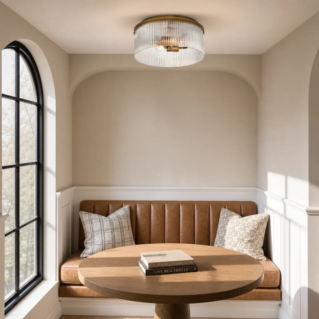 Rustic Farmhouse Ribbed Glass Flush Mount Ceiling Light, 14 in