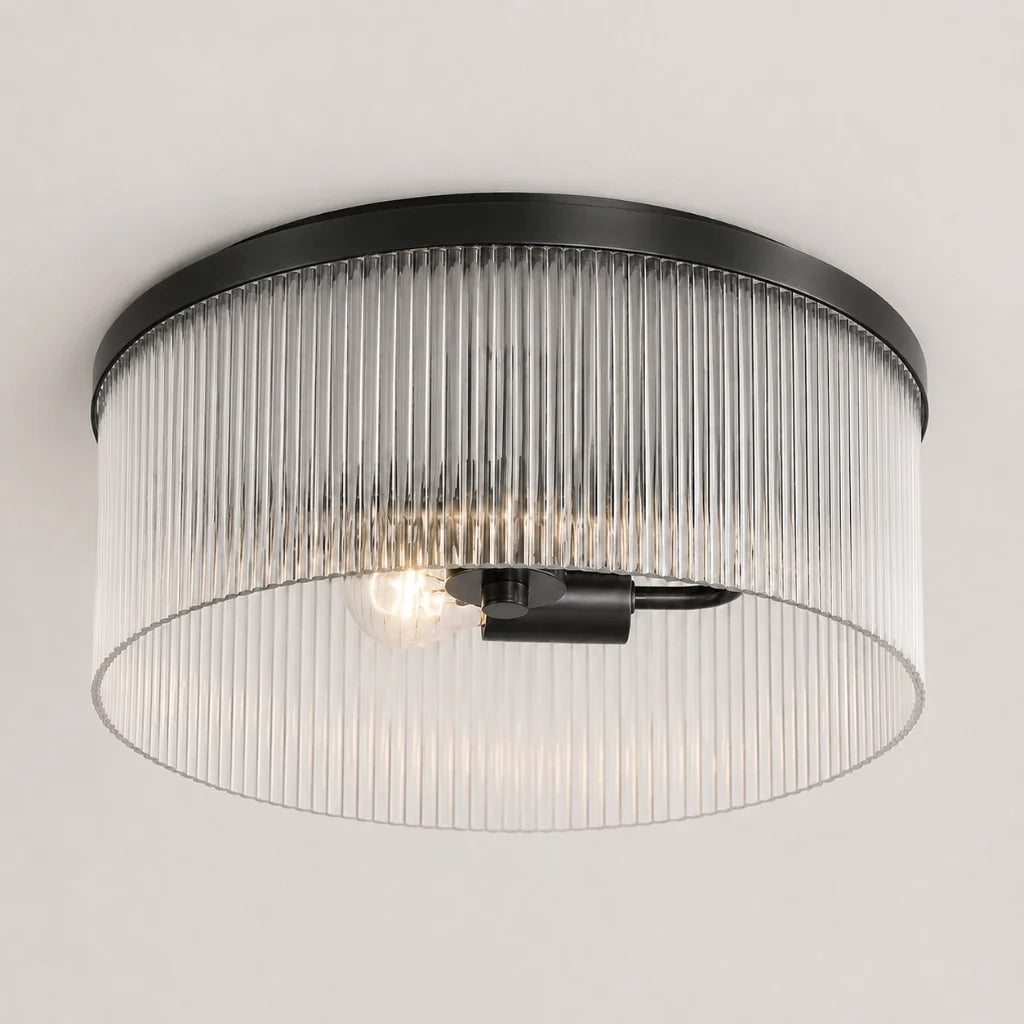 Rustic Farmhouse Ribbed Glass Flush Mount Ceiling Light, 14 in