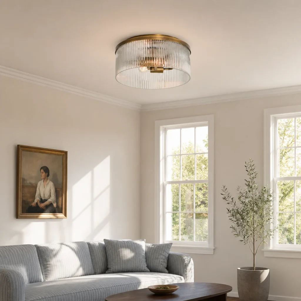 Rustic Farmhouse Ribbed Glass Flush Mount Ceiling Light, 14 in